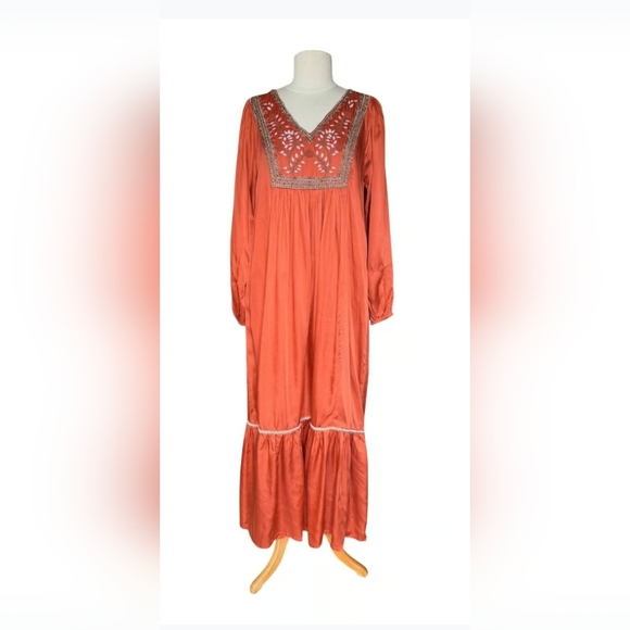 NWT Ex Voto Hazel Maxi Dress V- Neck Long Sleeve Chili Orange Women's Size Large - Picture 2 of 6